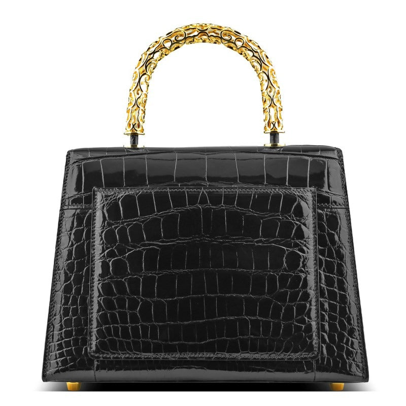 Stylish Alligator Leather Handbag with Gold Stainless Steel Handle
