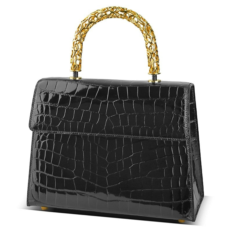 Stylish Alligator Leather Handbag with Gold Stainless Steel Handle