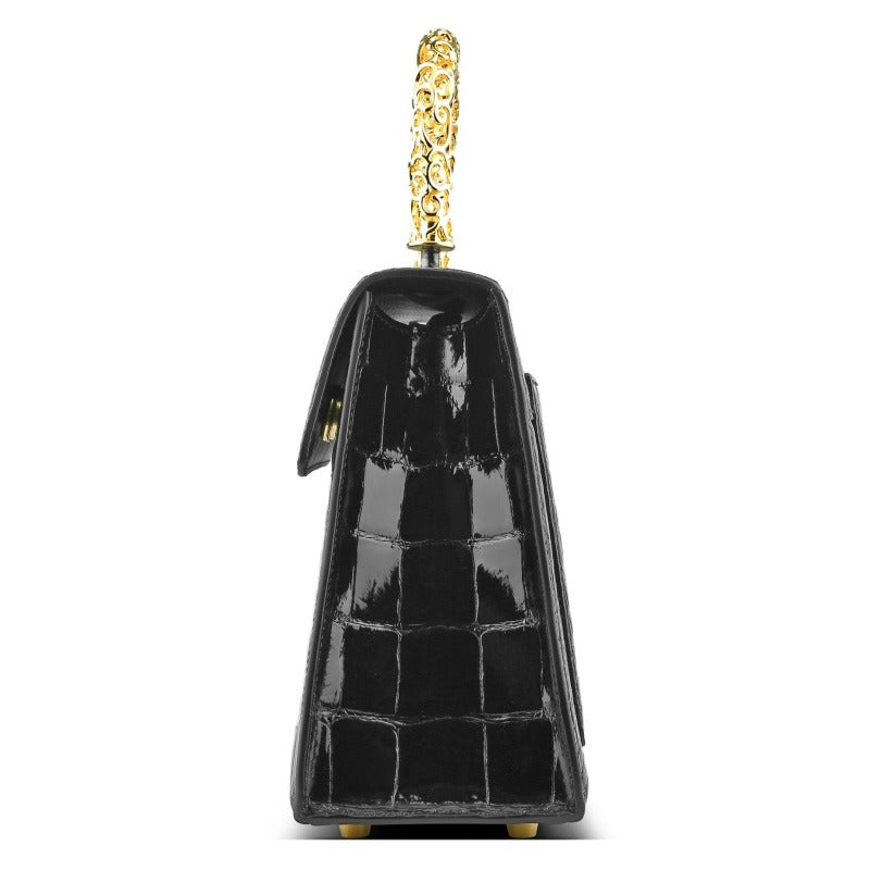 Stylish Alligator Leather Handbag with Gold Stainless Steel Handle